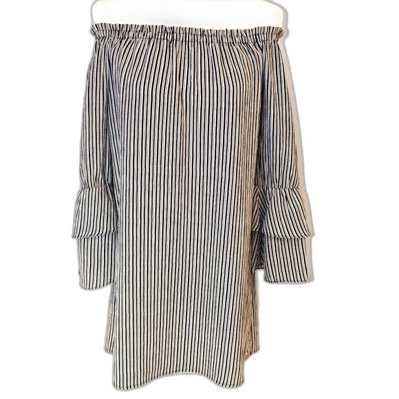 Bobeau | Boho Off The Shoulder Striped Ruffle Sleeve Dress Navy Rust | Size XS - Picture 2 of 12